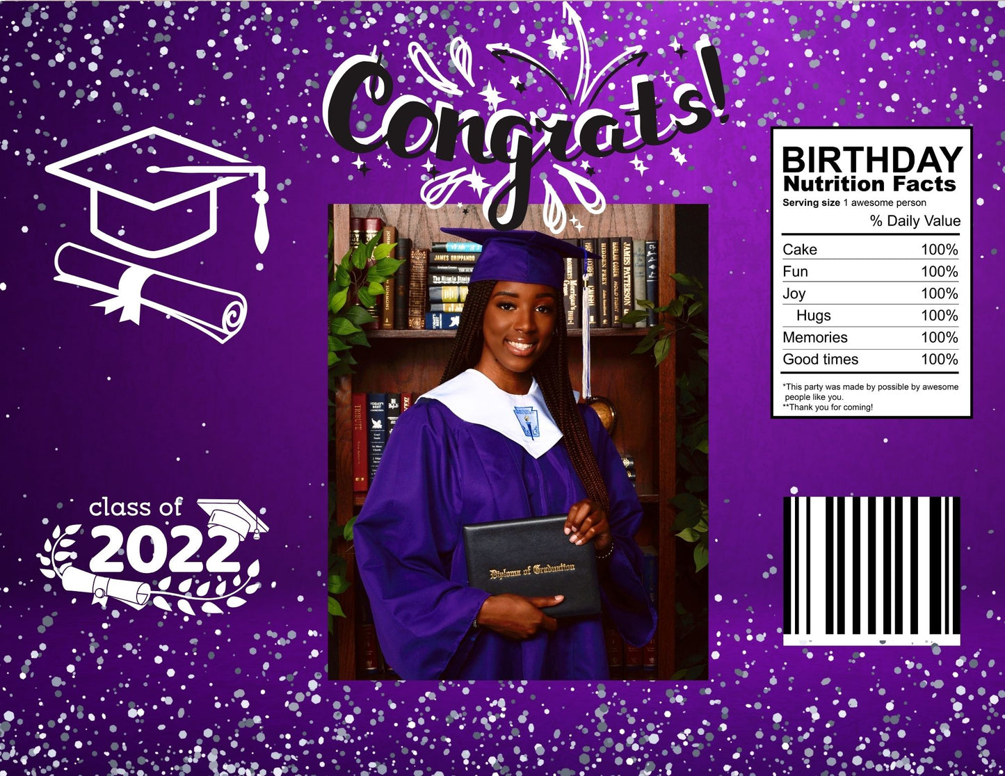 GRAD PURPLE-Filled Personalized Party Favors- 1 Dozen/ 1 Docena de Snacks Personalizados Rellenos